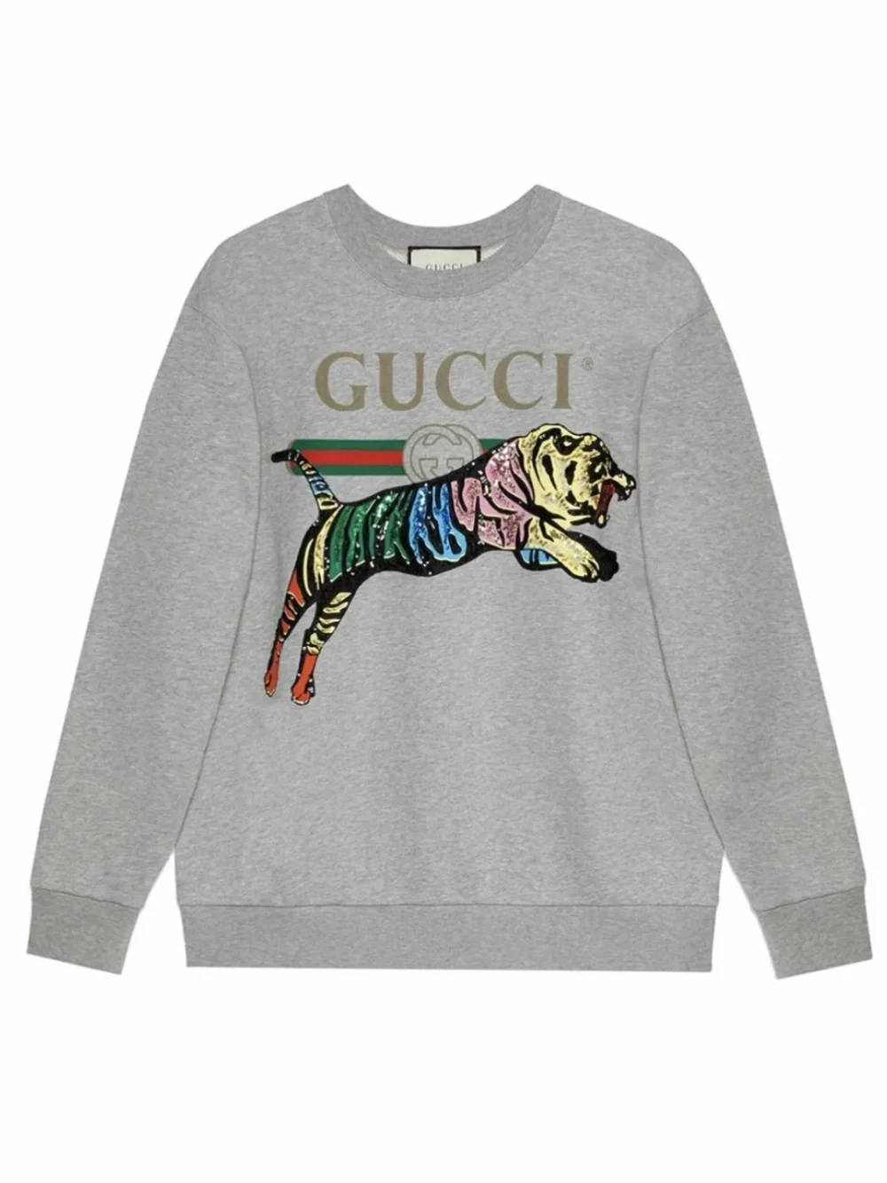 Gucci Grey Crewneck Sweater Multicolor Sequin embellish Tiger Graphic unisex XS